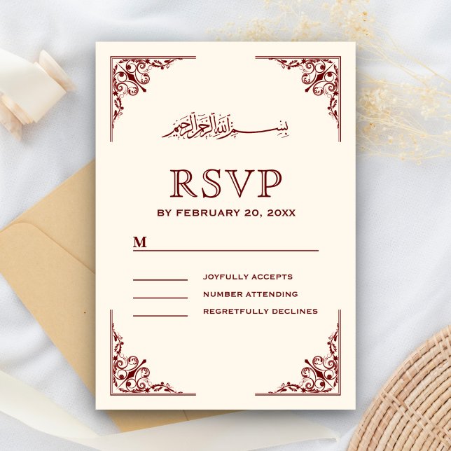 Elegant Cream and Burgundy Islamic Muslim Wedding RSVP Card (Creator Uploaded)