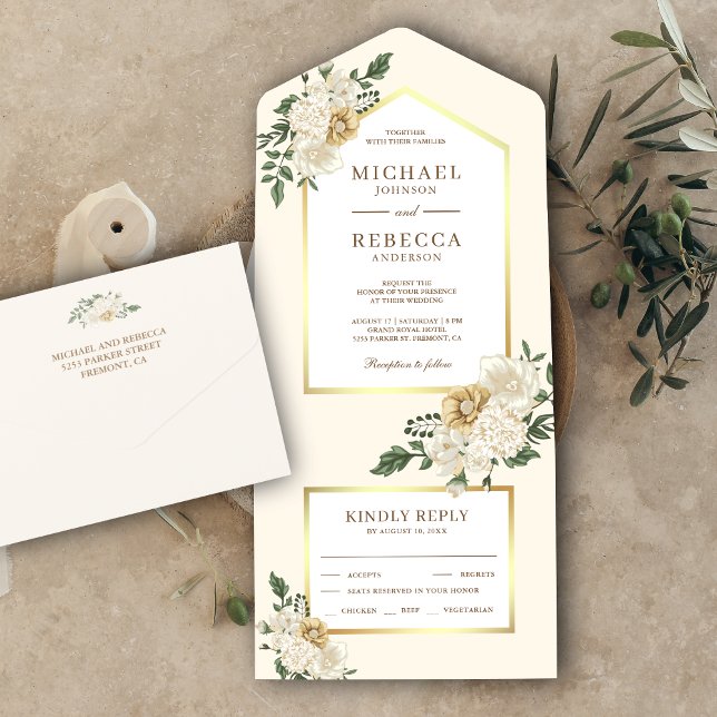 Elegant Cream and Gold Ivory Floral Wedding All In One Invitation (Creator Uploaded)