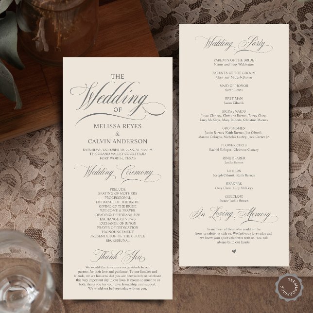 Elegant Cream and Grey Script Wedding Ceremony Programme (Elegant Cream and Grey Script Wedding Ceremony Order Program Card in Cream and Grey)