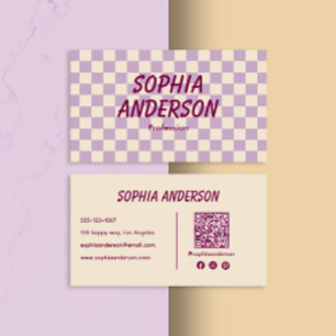 Elegant Cream and Purple Chequered - Qr Code Business Card