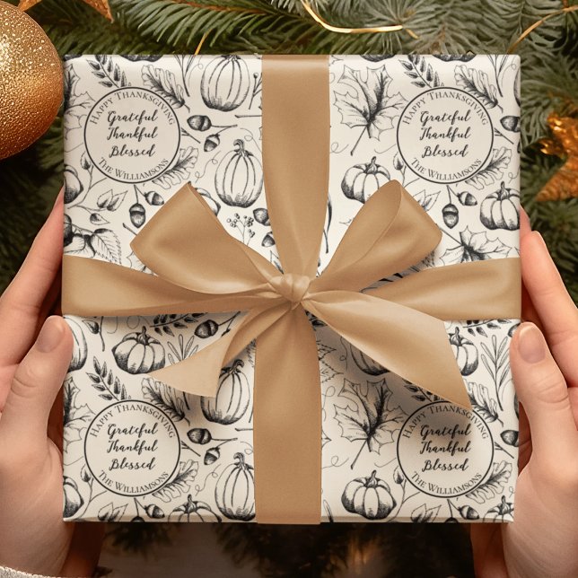Elegant Cream Autumn Harvest Pumpkins Custom Wrapping Paper (Elegant Custom "Happy Thanksgiving" Hand-Drawn Fall Harvest Wrapping Paper. Pumpkins & Autumn Leaves)