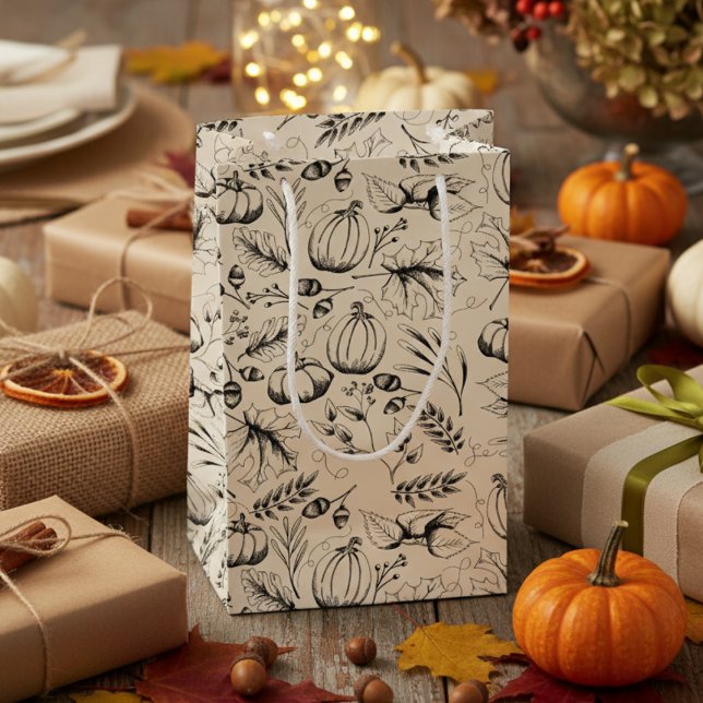 Elegant Cream Autumn Harvest Pumpkins Fall Leaves Small Gift Bag (Elegant Modern Fall Harvest & Foliage Black and White Gift Bags. Autumn Pumpkins & Leaves Pattern)