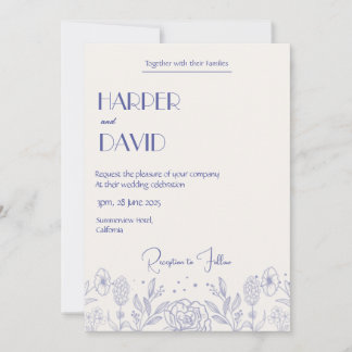 Elegant Cream & Blue Floral Line Wedding Invite