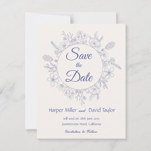 Elegant Cream & Blue Floral Save the Date (Front)