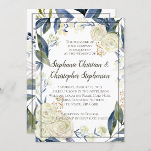 Elegant Cream Blue Watercolor Flower Wedding Invitation