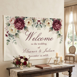 Elegant Cream Burgundy Eucalyptus Wedding Welcome Banner