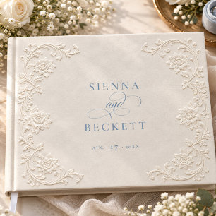 Elegant Cream Dusty Blue Embossed Minimal Floral Guest Book
