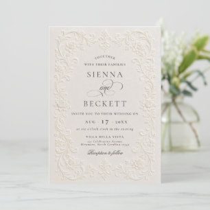 Elegant Cream Embossed Style Floral Ornate Wedding Invitation