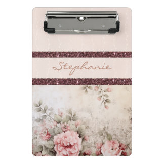 Elegant cream floral and rose gold stripe mini clipboard