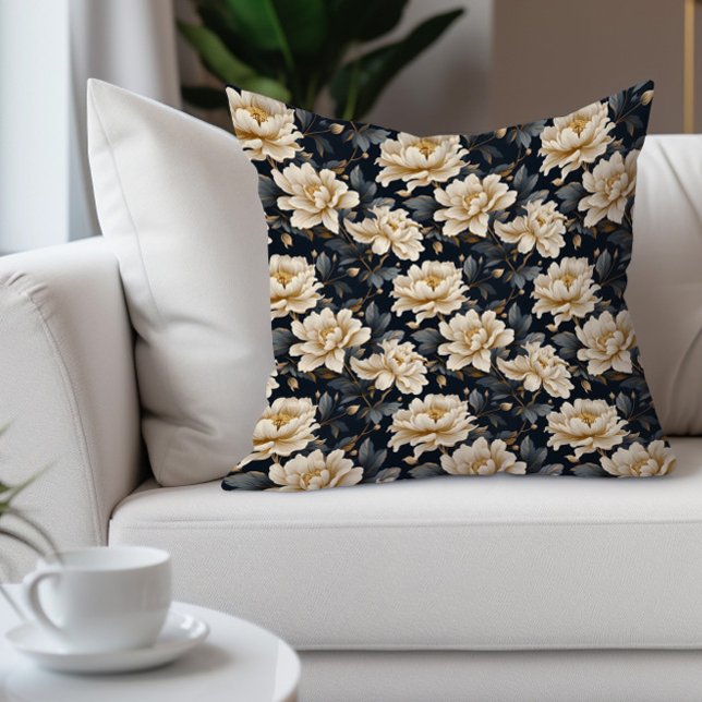 Elegant Cream Floral Teal Black  Cushion (Cream-colored floral on black decorator pillow)