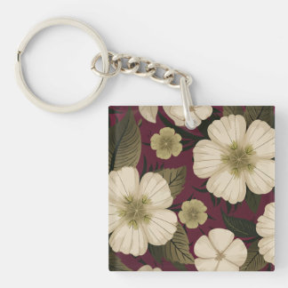 Elegant Cream Flowers on Burgundy background Key Ring