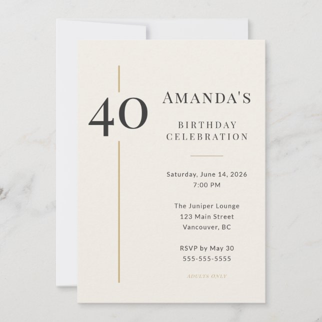 Elegant Cream & Gold 40th Birthday Invitation (Front)