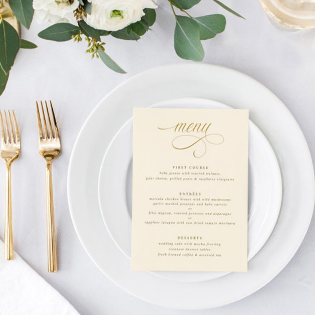 Elegant Cream Gold Calligraphy Luxury Wedding Menu (Elegant Gold and Cream Calligraphy Wedding Menu - Classy Sophisticated Luxury Script)