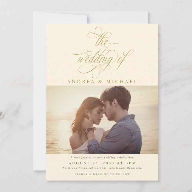 Elegant Cream Gold Calligraphy Photo Wedding Invitation (Front)