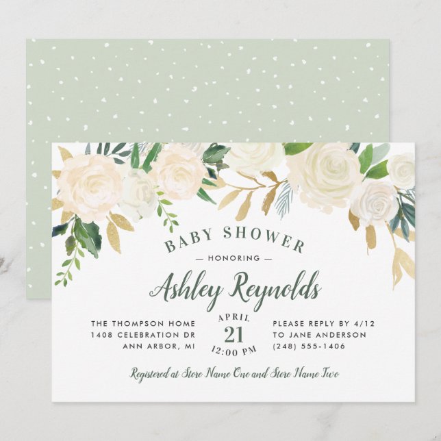 Elegant Cream Gold Floral Greenery Baby Shower Invitation (Front/Back)