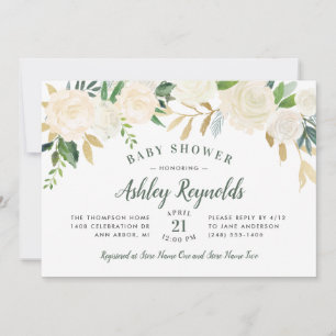 Elegant Cream Gold Floral Greenery Baby Shower Invitation