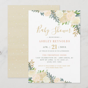 Elegant Cream Gold Floral Greenery Baby Shower Invitation