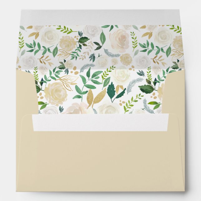 Elegant Cream Gold Floral Greenery Wedding Envelope (Back (Bottom))