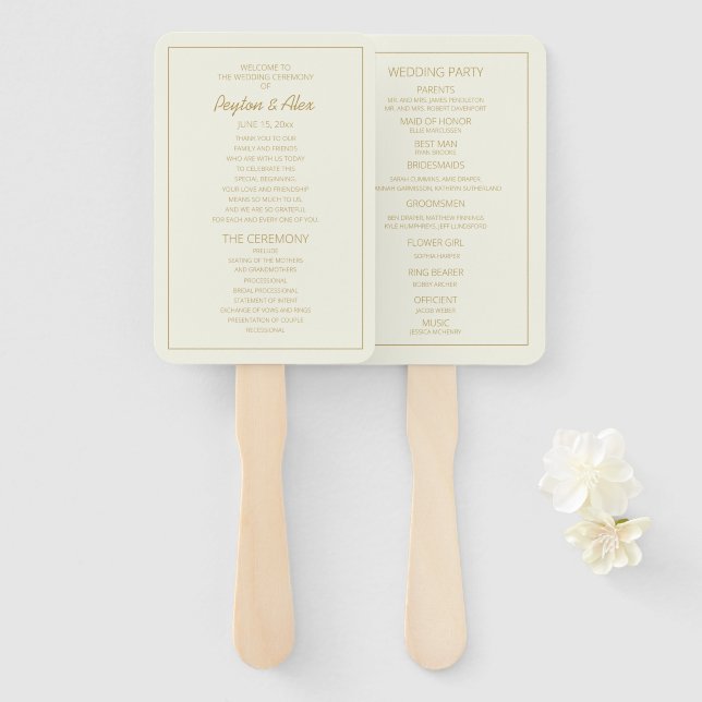 Elegant Cream Gold Wedding Program Hand Fan (Front and Back)