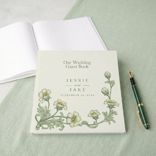 Elegant cream green floral wedding guest book