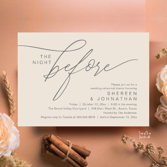 Elegant Cream Grey Script Wedding Rehearsal Dinner Invitation (Elegant Script Wedding Rehearsal Dinner Invitation Card in Cream and Grey)