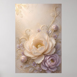 Elegant Cream Lavender Embossed Floral Art Poster