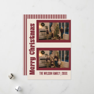 Elegant Cream & Maroon Custom Two Photo Christmas Holiday Card