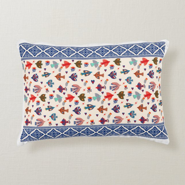 Elegant Cream & Navy Red Pattern Accent Pillow  (Front)