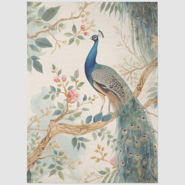 Elegant Cream Peacock Decoupage Tissue Paper (Front)