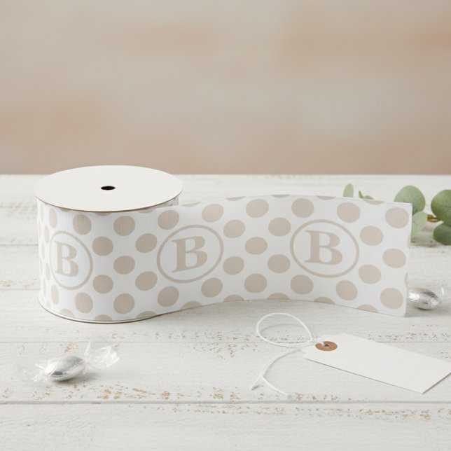 Elegant Cream Polka Dot Monogram Grosgrain Ribbon (Elegant Cream Polka Dot Pattern Ribbon for Wedding or Bridal Shower. Modern and Stylish Large Dots)