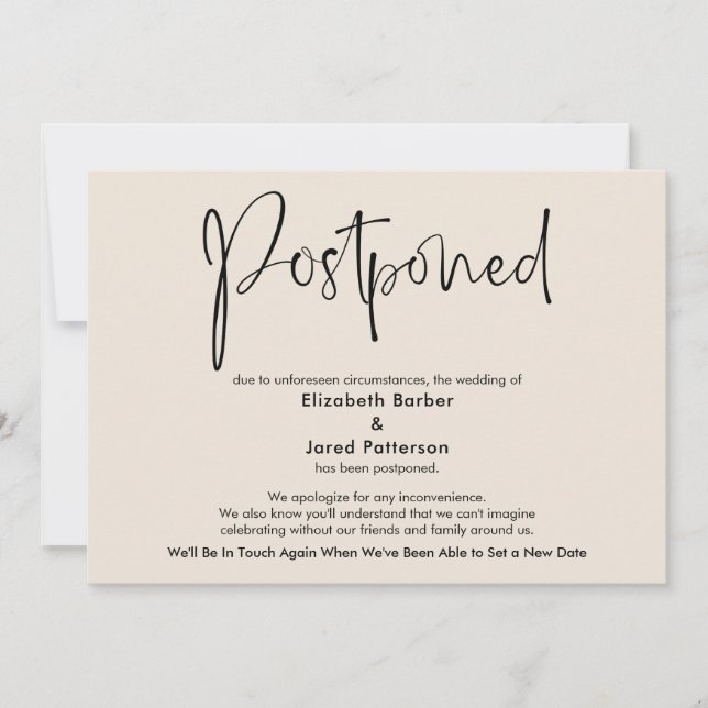 Elegant Cream Postponed Wedding Announcement Card (Front)