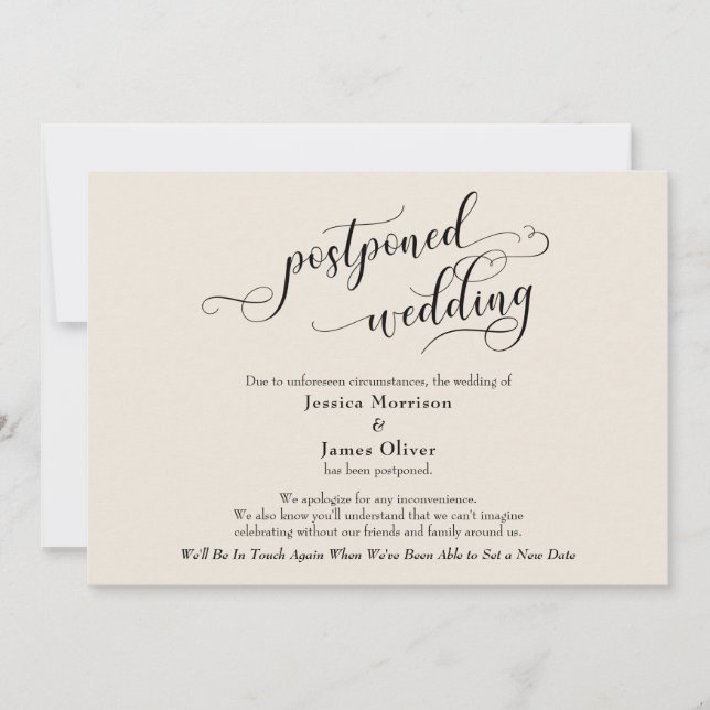 Elegant, Cream Postponed Wedding Announcement Card (Front)