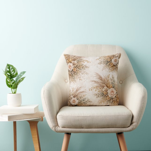 Elegant Cream Rose Boho Botanical Bouquet Cushion (Chair)