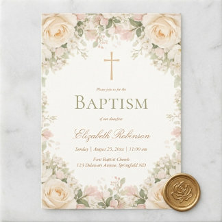Elegant Cream Rose Floral Cross Baptism Invitation