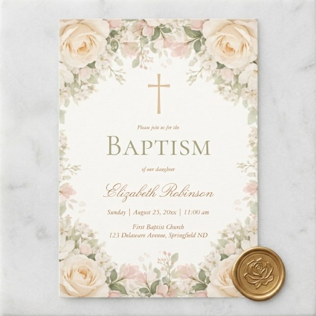 Elegant Cream Rose Floral Cross Baptism Invitation (Creator Uploaded)