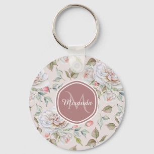 Elegant Cream Roses Floral Monogram and Name Key Ring