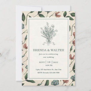 Elegant Cream Rustic Wildflower Sketch Wedding  Invitation