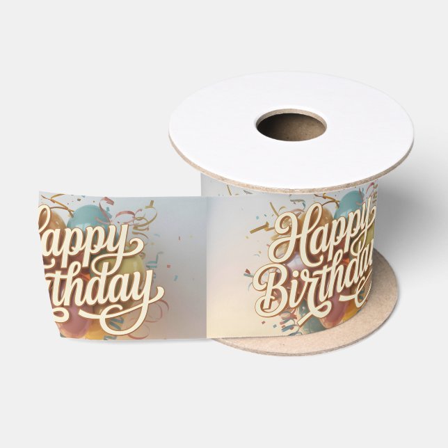 Elegant Cream Script "Happy Birthday" Graphic Satin Ribbon (Spool)