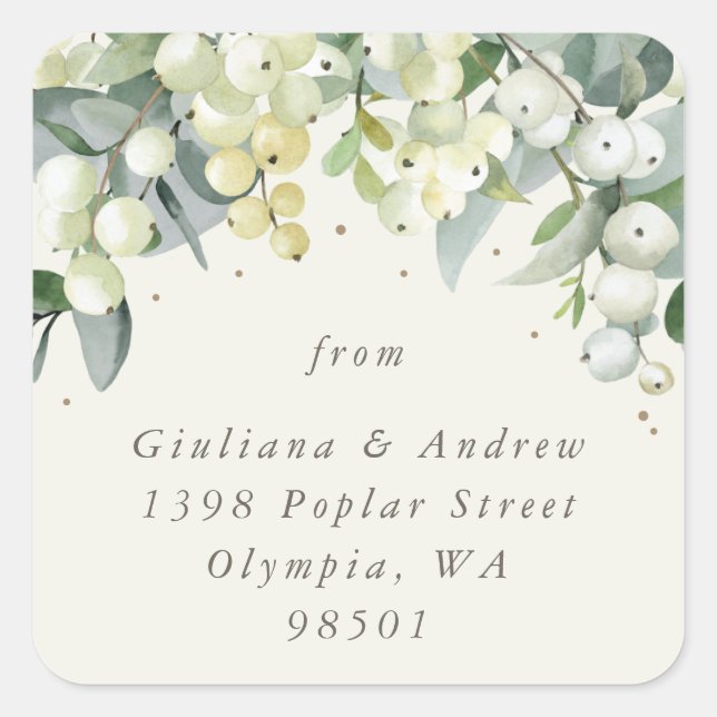 Elegant Cream Snowberry+Eucalyptus Address Classic Square Sticker (Front)