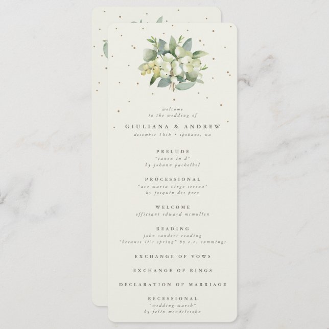 Elegant Cream Snowberry+Eucalyptus Bouquet Wedding Programme (Front/Back)