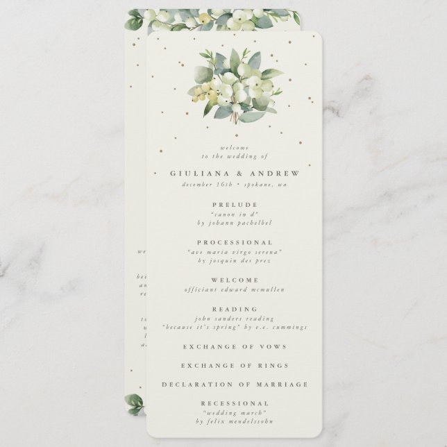 Elegant Cream Snowberry+Eucalyptus Bouquet Wedding Programme (Front/Back)