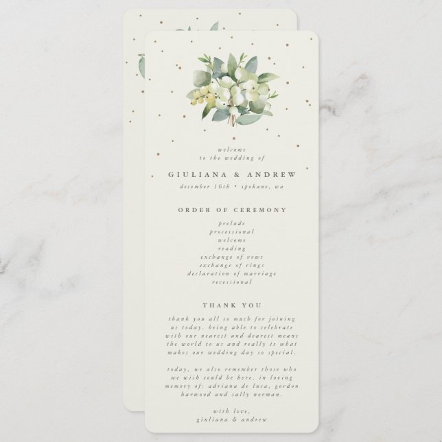 Elegant Cream Snowberry+Eucalyptus Bouquet Wedding Programme (Front/Back)