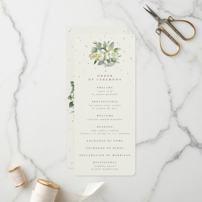 Elegant Cream Snowberry+Eucalyptus Bouquet Wedding Programme (Front/Back In Situ)