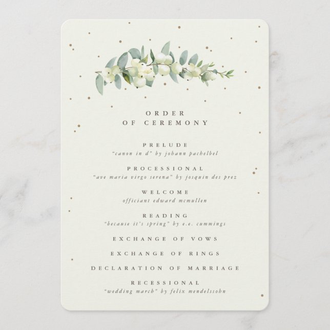Elegant Cream Snowberry+Eucalyptus Stem Wedding Programme (Front)