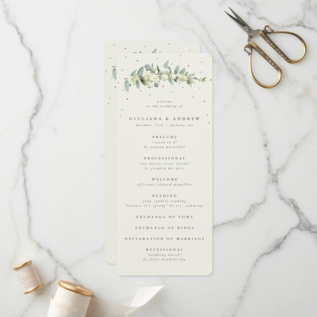 Elegant Cream Snowberry+Eucalyptus Stem Wedding Programme (Front/Back In Situ)