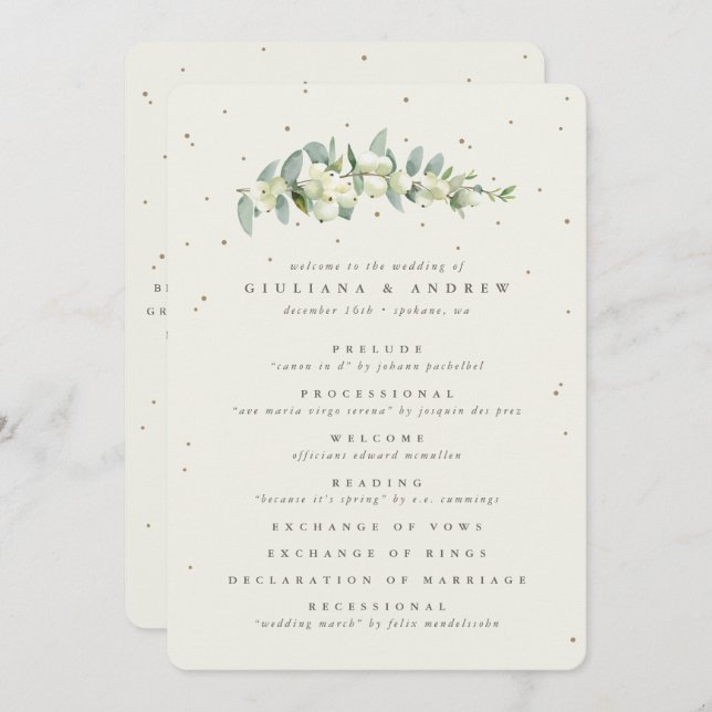 Elegant Cream Snowberry+Eucalyptus Stem Wedding Programme (Front/Back)