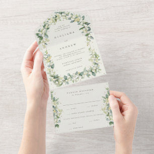 Elegant Cream Snowberry+Eucalyptus Winter Wedding All In One Invitation