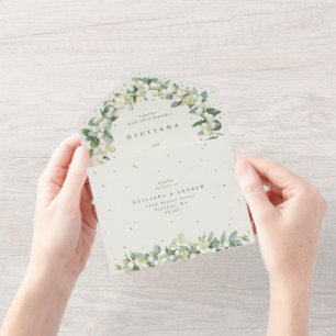 Elegant Cream Snowberry+Eucalyptus Winter Wedding All In One Invitation