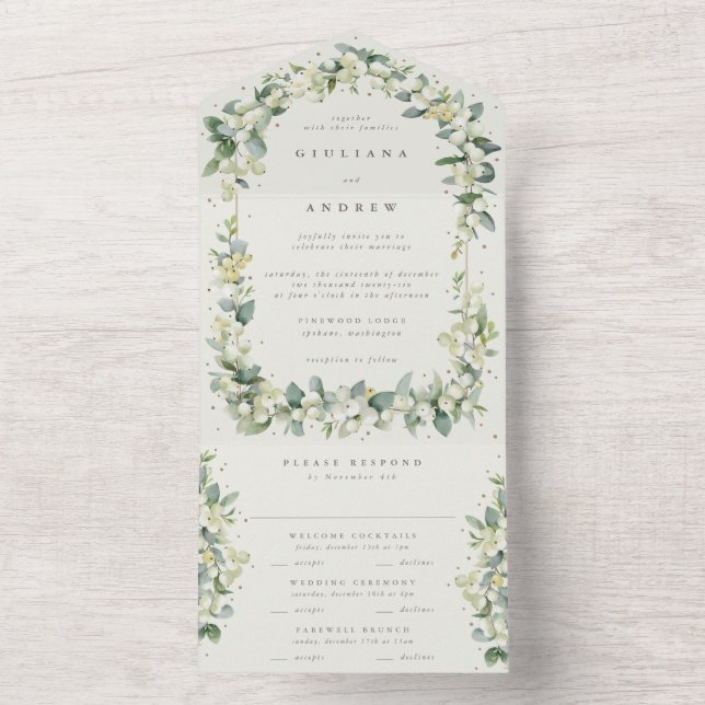 Elegant Cream Snowberry+Eucalyptus Winter Wedding All In One Invitation (Inside)
