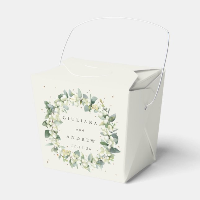 Elegant Cream Snowberry+Eucalyptus Winter Wedding Favour Box (Front Side)